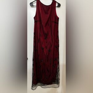 Vintage Virgo Il Red Mesh Floral Embroidered Maxi Dress Size12 Whimsey Goth Vamp